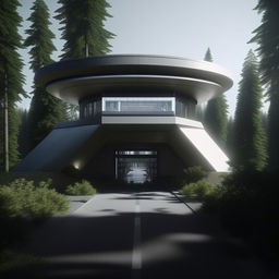 front view of entrance of futuristic maximum-security penitentiary's driveway including security cameras in the middle of forest in broad daylight based on https://files.dreamhome.software/files/static/37174