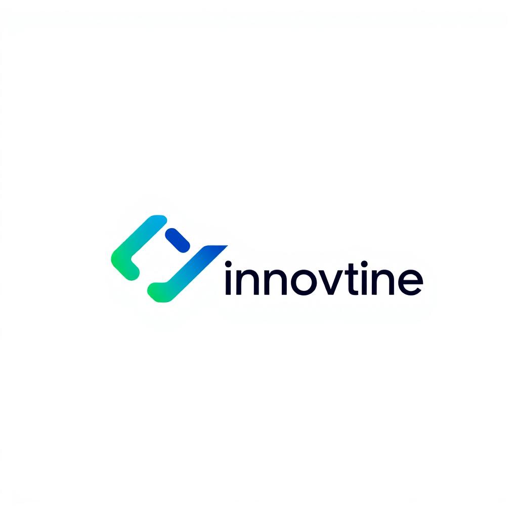 A modern logo design featuring an abstract geometric shape that symbolizes innovation and technology, with a color palette of blue and green gradients