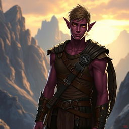 A young male Tiefling character, approximately 20 years old, depicted with a tall, slim, yet muscular build