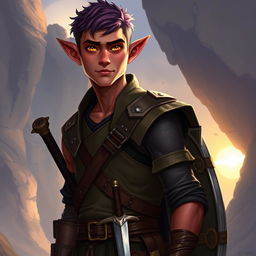 A young male Tiefling character, approximately 20 years old, depicted with a tall, slim, yet muscular build
