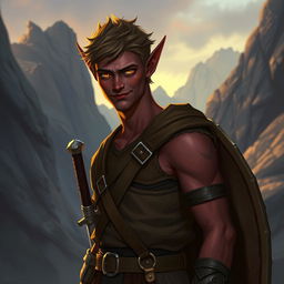 A young male Tiefling character, approximately 20 years old, depicted with a tall, slim, yet muscular build