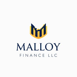 A sleek and professional logo design for 'Malloy Finance LLC', featuring a modern emblem that combines the letter 'M' with financial symbols such as an upward arrow or a graph line to represent growth and stability