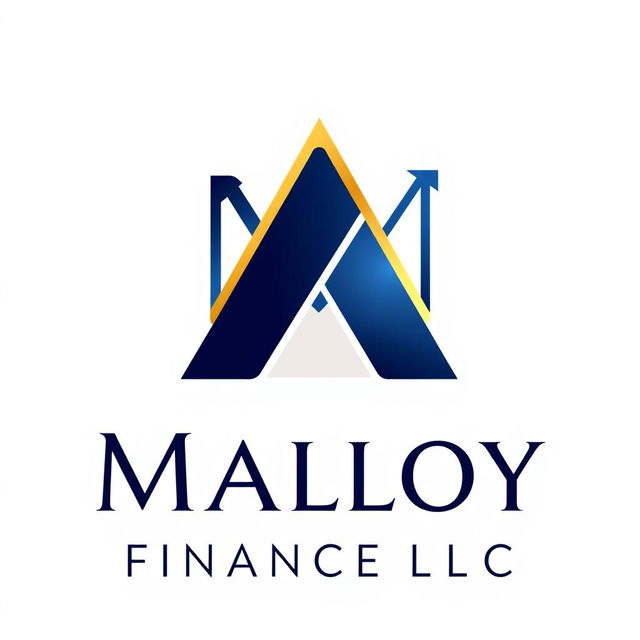 A sleek and professional logo design for 'Malloy Finance LLC', featuring a modern emblem that combines the letter 'M' with financial symbols such as an upward arrow or a graph line to represent growth and stability