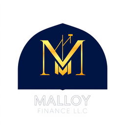A sleek and professional logo design for 'Malloy Finance LLC', featuring a modern emblem that combines the letter 'M' with financial symbols such as an upward arrow or a graph line to represent growth and stability
