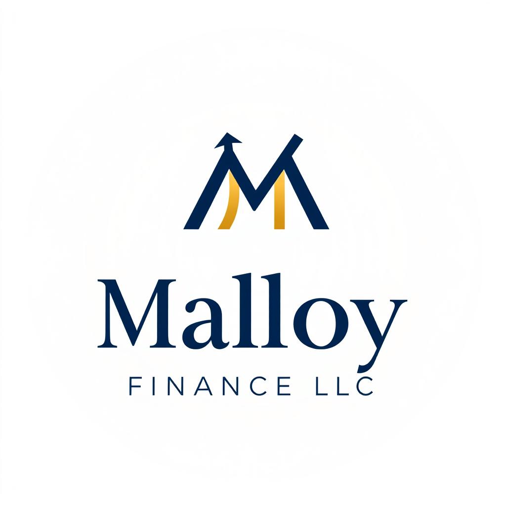A sleek and professional logo design for 'Malloy Finance LLC', featuring a modern emblem that combines the letter 'M' with financial symbols such as an upward arrow or a graph line to represent growth and stability