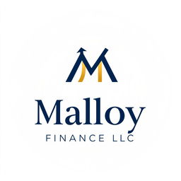 A sleek and professional logo design for 'Malloy Finance LLC', featuring a modern emblem that combines the letter 'M' with financial symbols such as an upward arrow or a graph line to represent growth and stability