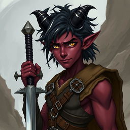 A young male Tiefling character, around 20 years old, depicted with a tall, slim, yet muscular build