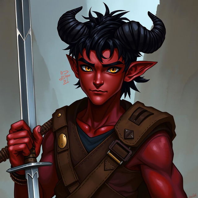 A young male Tiefling character, around 20 years old, depicted with a tall, slim, yet muscular build