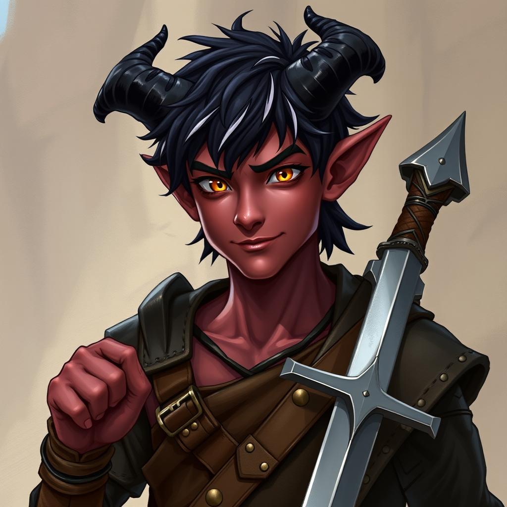 A young male Tiefling character, around 20 years old, depicted with a tall, slim, yet muscular build