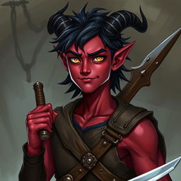 A young male Tiefling character, around 20 years old, depicted with a tall, slim, yet muscular build