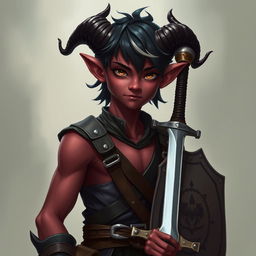 A semi-realistic portrait of a young male Tiefling, around 20 years old, showcasing a tall, slim, yet muscular build