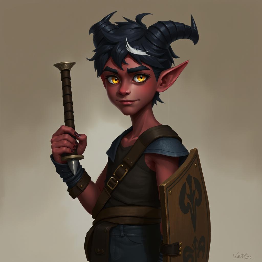 A semi-realistic portrait of a young male Tiefling, around 20 years old, showcasing a tall, slim, yet muscular build