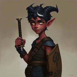 A semi-realistic portrait of a young male Tiefling, around 20 years old, showcasing a tall, slim, yet muscular build