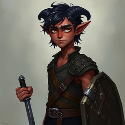 A semi-realistic portrait of a young male Tiefling, around 20 years old, showcasing a tall, slim, yet muscular build