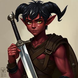 A semi-realistic portrait of a young male Tiefling, around 20 years old, showcasing a tall, slim, yet muscular build