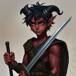 A semi-realistic portrait of a young male Tiefling, around 20 years old, showcasing a tall slim build with defined muscles