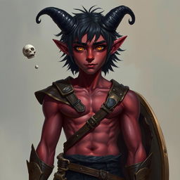 A semi-realistic portrait of a young male Tiefling, around 20 years old, showcasing a tall slim build with defined muscles