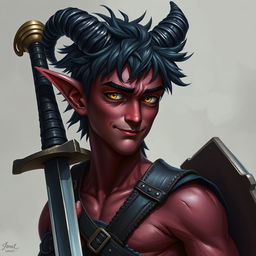 A semi-realistic portrait of a young male Tiefling, around 20 years old, showcasing a tall slim build with defined muscles