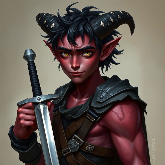 A semi-realistic portrait of a young male Tiefling, around 20 years old, showcasing a tall slim build with defined muscles