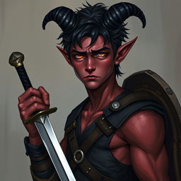 A semi-realistic portrait of a male Tiefling, around 20 years old, showcasing a tall slim build with noticeable muscle definition