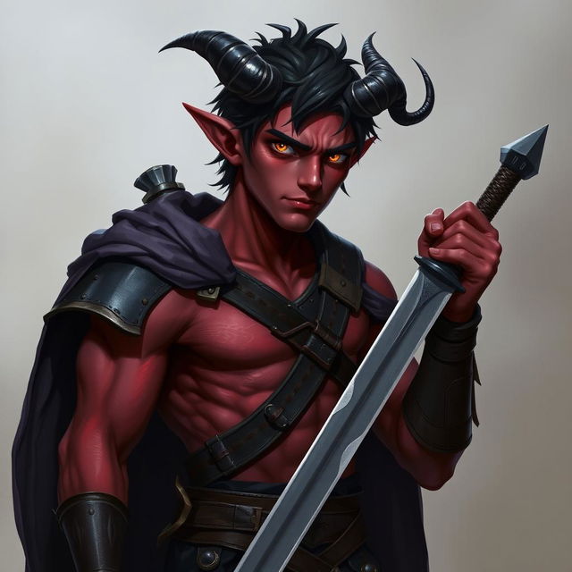 A semi-realistic portrait of a male Tiefling, around 20 years old, showcasing a tall slim build with noticeable muscle definition