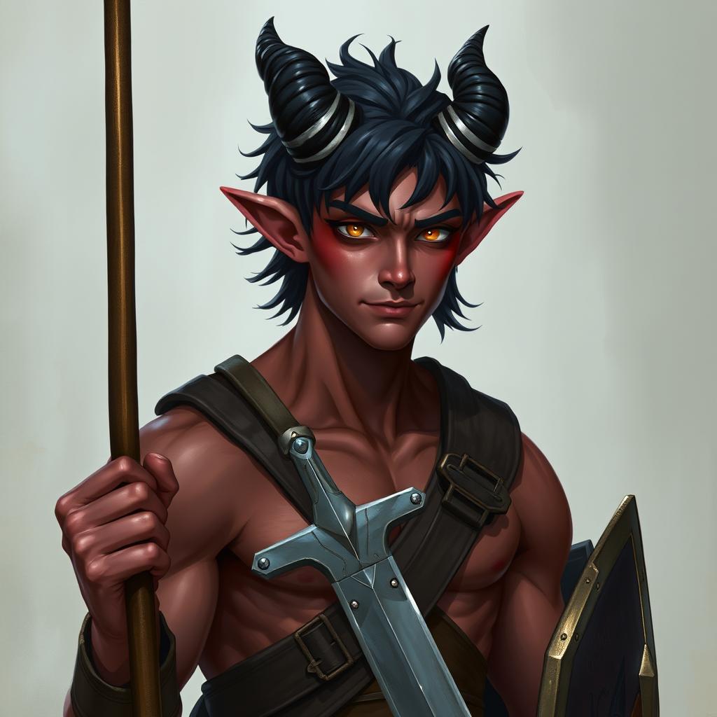 A semi-realistic portrait of a male Tiefling, around 20 years old, showcasing a tall slim build with noticeable muscle definition