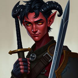 A semi-realistic portrait of a male Tiefling, around 20 years old, showcasing a tall slim build with noticeable muscle definition