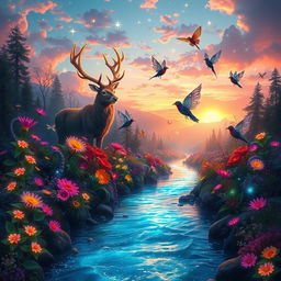 A stunning fantasy landscape featuring a vibrant, magical forest filled with luminous flowers and bioluminescent plants