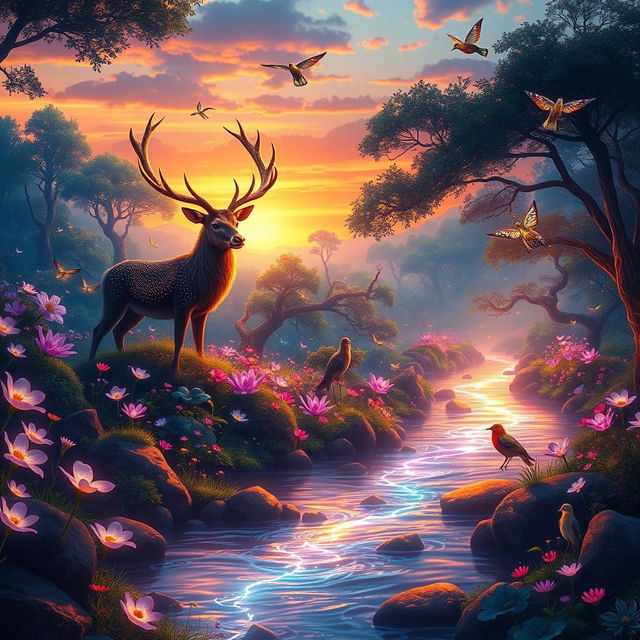 A stunning fantasy landscape featuring a vibrant, magical forest filled with luminous flowers and bioluminescent plants