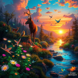 A stunning fantasy landscape featuring a vibrant, magical forest filled with luminous flowers and bioluminescent plants
