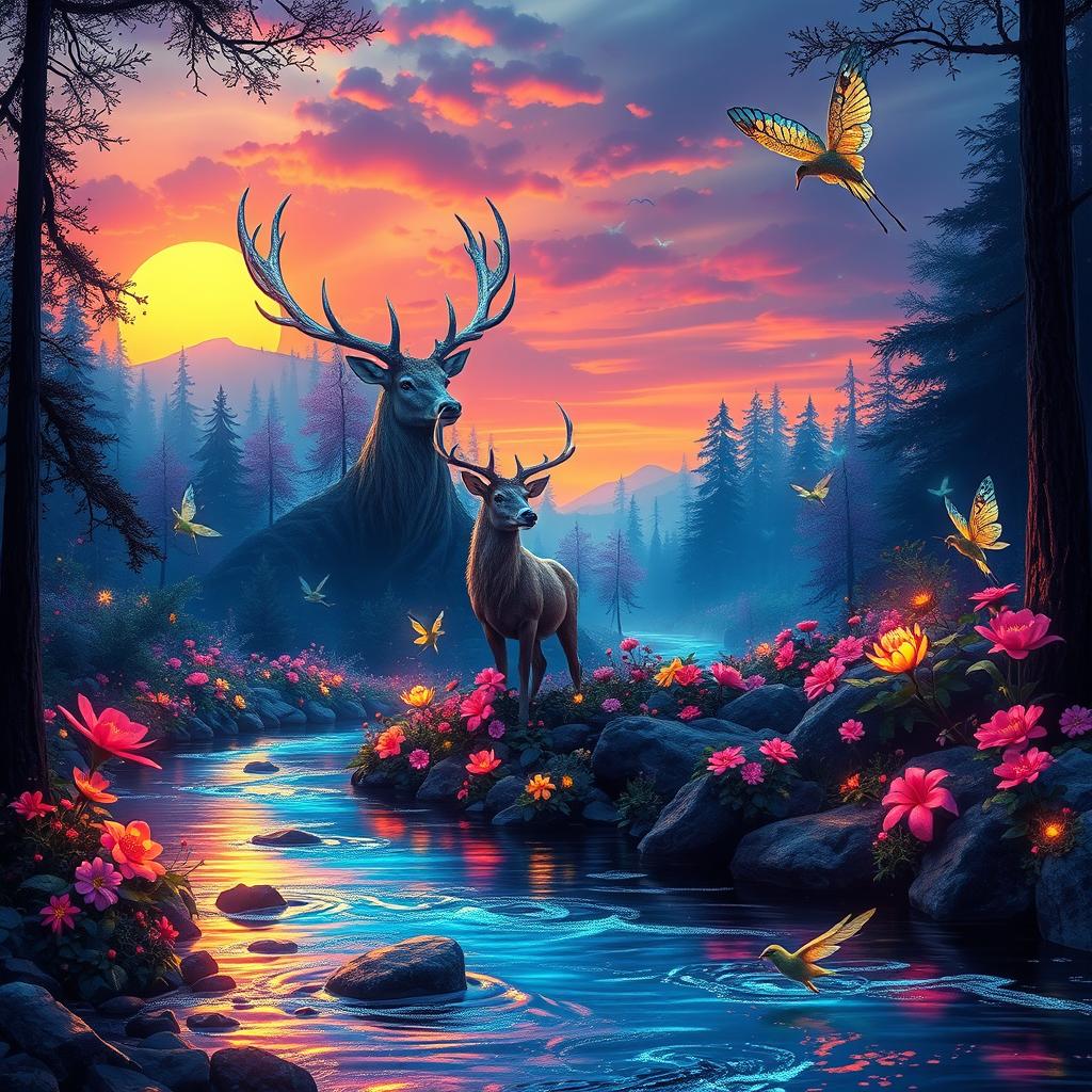 A stunning fantasy landscape featuring a vibrant, magical forest filled with luminous flowers and bioluminescent plants