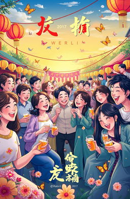 A vibrant and joyous scene depicting the theme of '快意人间' (Pleasure in the World), featuring people engaging in various joyful activities such as dancing, celebrating, and enjoying nature