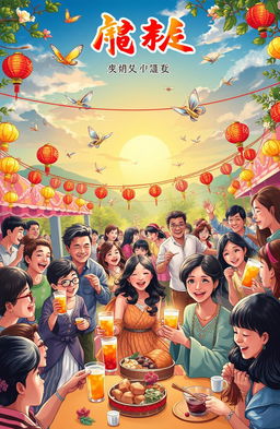 A vibrant and joyous scene depicting the theme of '快意人间' (Pleasure in the World), featuring people engaging in various joyful activities such as dancing, celebrating, and enjoying nature