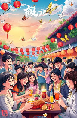 A vibrant and joyous scene depicting the theme of '快意人间' (Pleasure in the World), featuring people engaging in various joyful activities such as dancing, celebrating, and enjoying nature