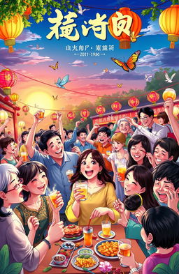 A vibrant and joyous scene depicting the theme of '快意人间' (Pleasure in the World), featuring people engaging in various joyful activities such as dancing, celebrating, and enjoying nature