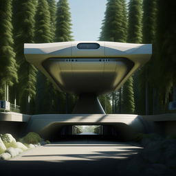 front view of entrance of futuristic maximum-security penitentiary's driveway including security cameras in the middle of forest in broad daylight based on https://files.dreamhome.software/files/static/37174