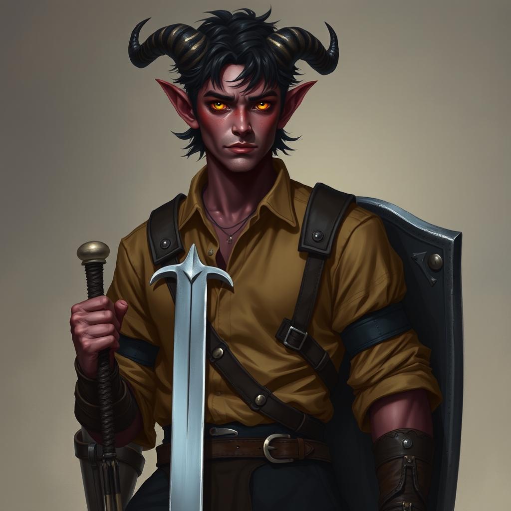 A semi-realistic portrait of a male Tiefling, around 20 years old, exhibiting a tall slim build with visible muscle definition