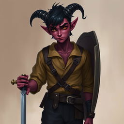 A semi-realistic portrait of a male Tiefling, around 20 years old, exhibiting a tall slim build with visible muscle definition