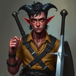 A semi-realistic portrait of a male Tiefling, around 20 years old, exhibiting a tall slim build with visible muscle definition