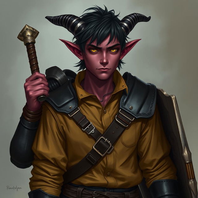 A semi-realistic portrait of a male Tiefling, around 20 years old, exhibiting a tall slim build with visible muscle definition