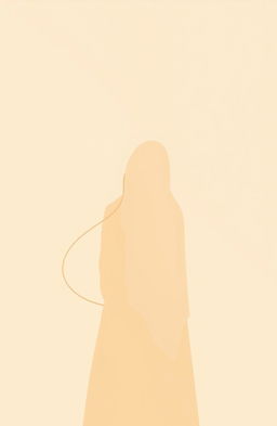 A minimalistic book cover design in warm beige pastel tones featuring a schematic outline of a woman in a hijab, depicted from the back without a face