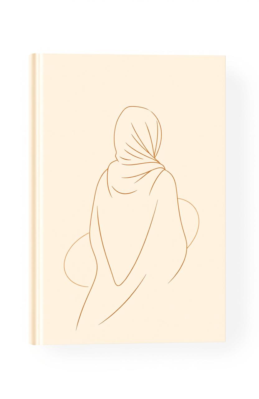 A minimalistic book cover design in warm beige pastel tones featuring a schematic outline of a woman in a hijab, depicted from the back without a face