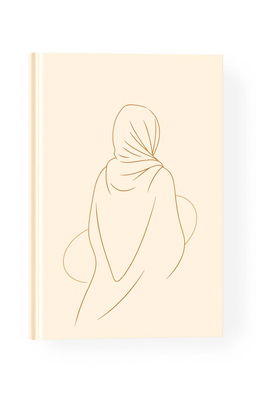 A minimalistic book cover design in warm beige pastel tones featuring a schematic outline of a woman in a hijab, depicted from the back without a face