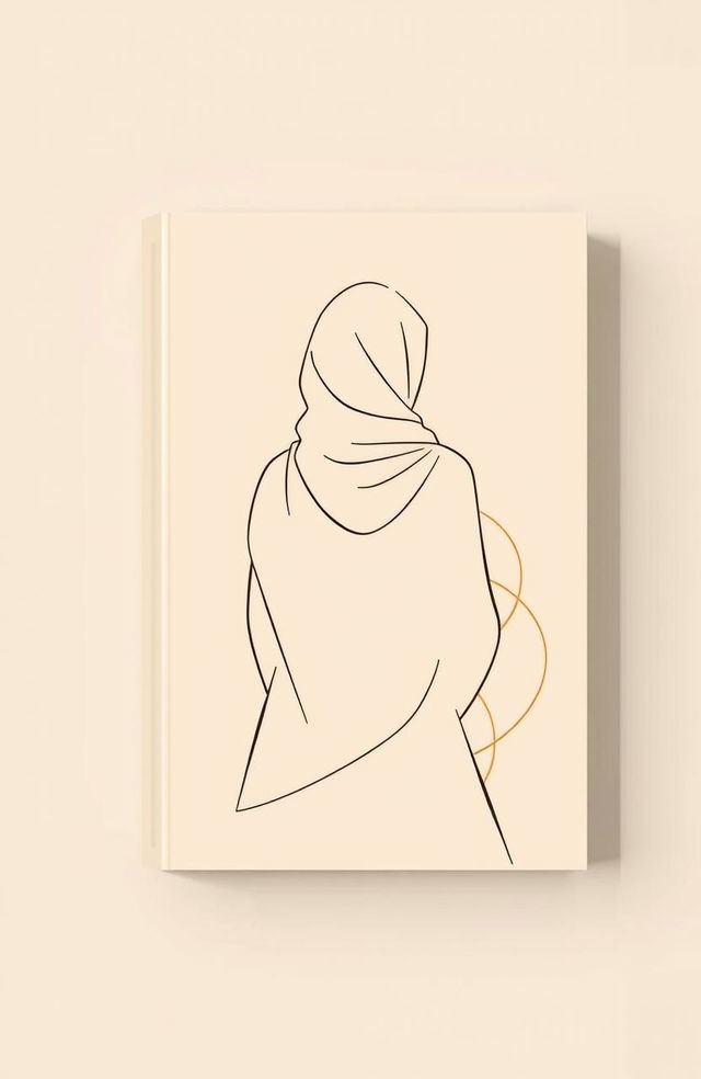 A minimalistic book cover design in warm beige pastel tones featuring a schematic outline of a woman in a hijab, depicted from the back without a face