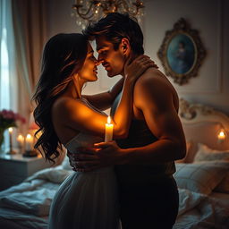 A sensual and intimate scene depicting a romantic couple engaged in a passionate embrace, showcasing strong emotional connection and desire, illuminated by soft candlelight