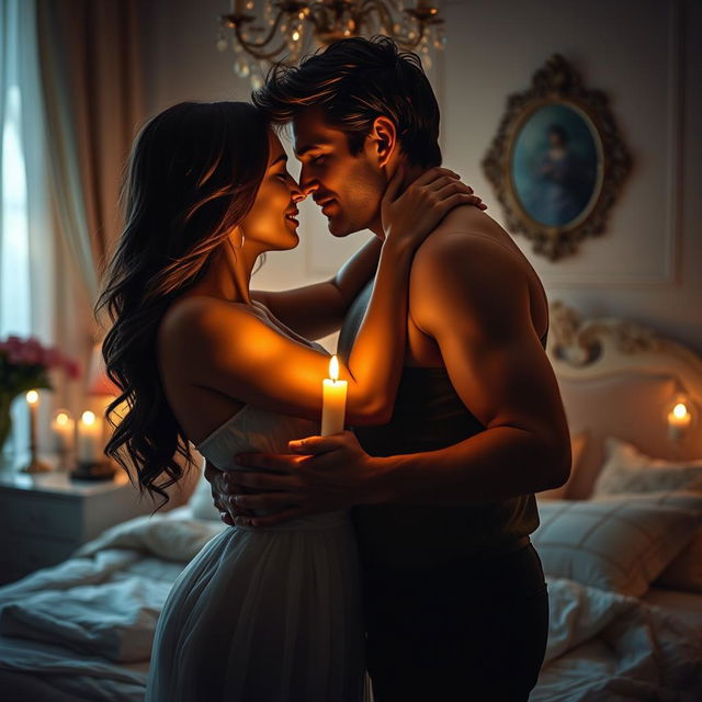 A sensual and intimate scene depicting a romantic couple engaged in a passionate embrace, showcasing strong emotional connection and desire, illuminated by soft candlelight