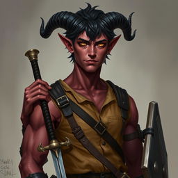 A semi-realistic portrait of a male Tiefling, around 20 years old, showcasing a tall slim build with well-defined muscles