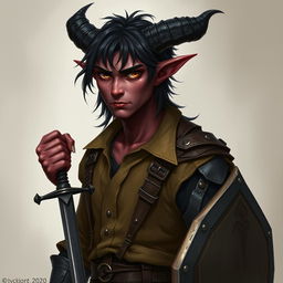 A semi-realistic portrait of a male Tiefling, around 20 years old, showcasing a tall slim build with well-defined muscles