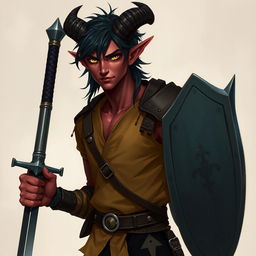 A semi-realistic portrait of a male Tiefling, around 20 years old, showcasing a tall slim build with well-defined muscles