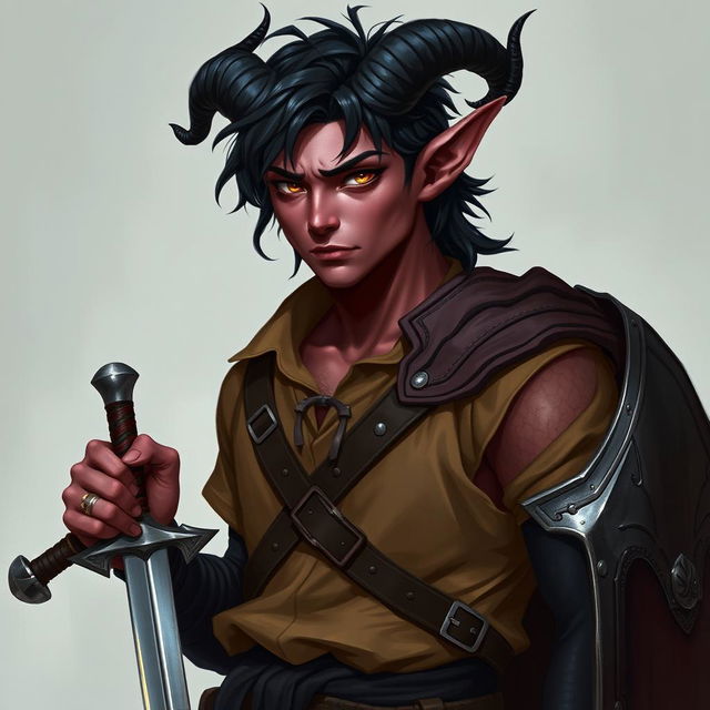 A semi-realistic portrait of a male Tiefling, around 20 years old, showcasing a tall slim build with well-defined muscles